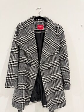 GUESS Black & White Plaid Double-Breasted Peacoat